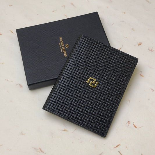 Roger Dubuis Black Leather Passport Holder With Intrecciato Weave Pattern | Luxe Travel Essentials