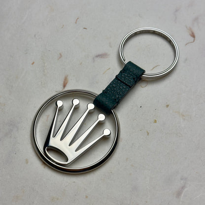 Elegant Silver Crown Logo Rolex Keychain With Green Leather Strap | Luxe Accessories