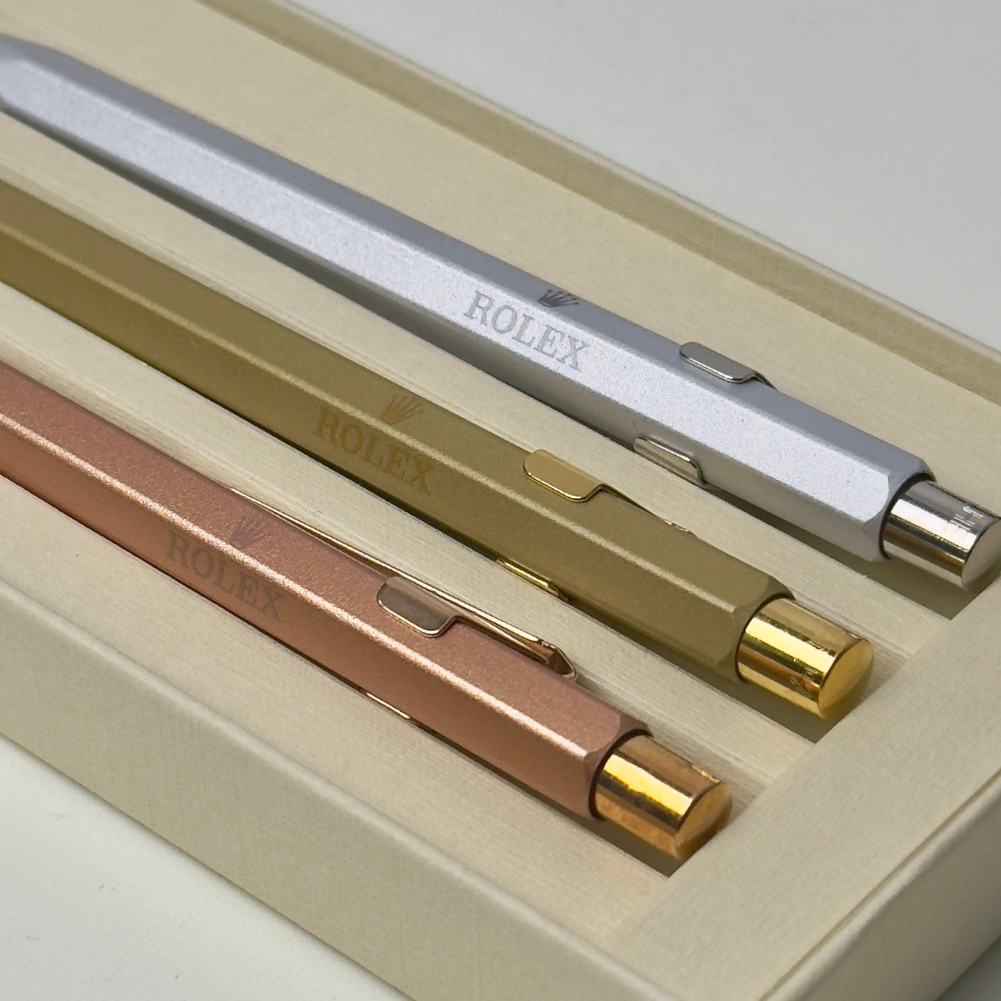 Swiss Crafted Rolex X Caran D'Ache Pen Set - Silver, Gold, Rose Gold | Luxury Pens