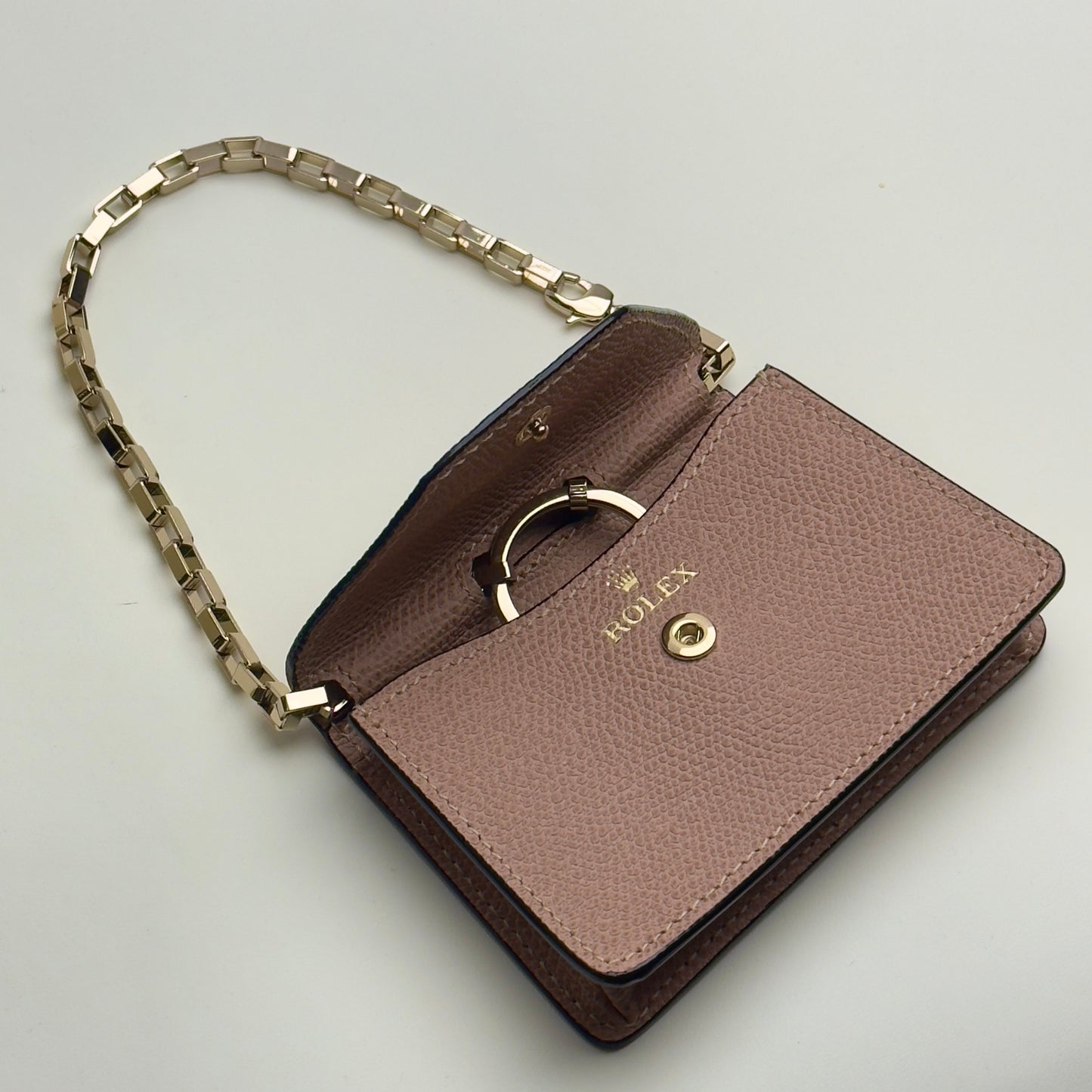 Rolex Dusty Rose Leather Mini Pouch With Gold Chain Strap For Rolex | Elegant Accessory