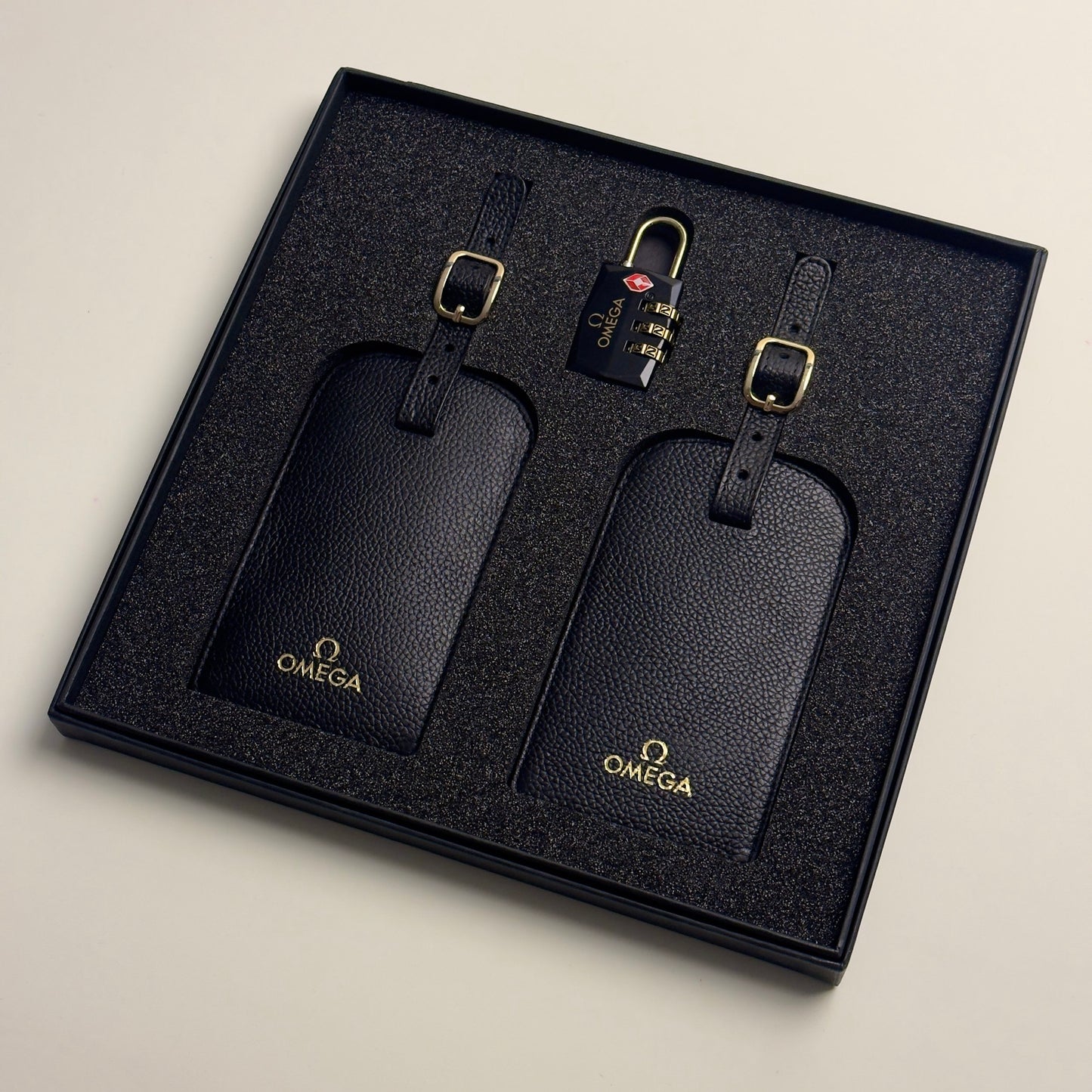 Omega Black Leather Luggage Tag & Tsa Lock Set | Jetsetter