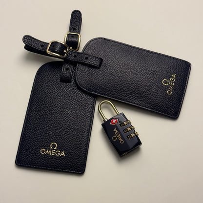 Omega Black Leather Luggage Tag & Tsa Lock Set | Jetsetter