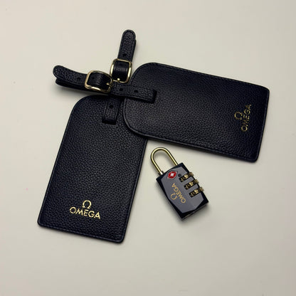 Omega Black Leather Luggage Tag & Tsa Lock Set | Jetsetter