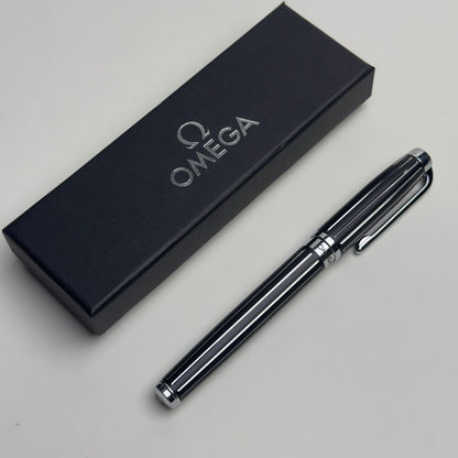 Omega Black Lacquer Ballpoint Pen With Chrome Accents | Premium Writing Instrument