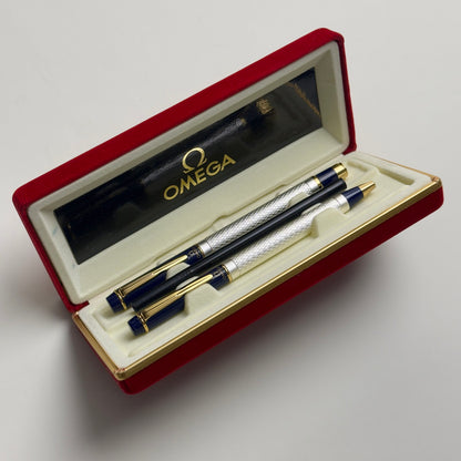 Omega Vintage Ballpoint Pen Set In Silver & Navy With Gold Accents | Luxury Writing Instruments