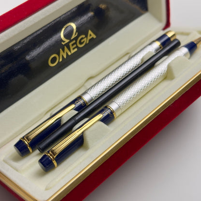 Omega Vintage Ballpoint Pen Set In Silver & Navy With Gold Accents | Luxury Writing Instruments