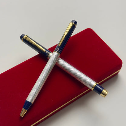 Omega Vintage Ballpoint Pen Set In Silver & Navy With Gold Accents | Luxury Writing Instruments