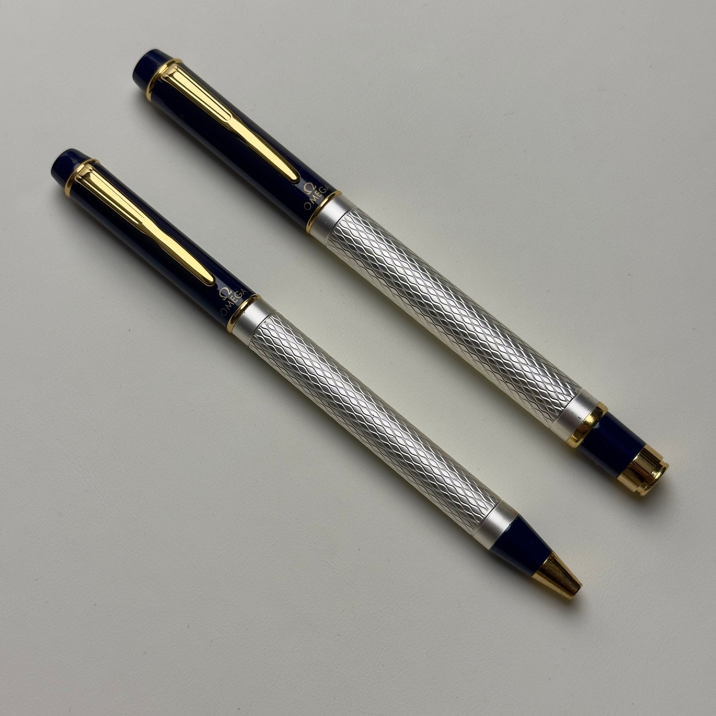 Omega Vintage Ballpoint Pen Set In Silver & Navy With Gold Accents | Luxury Writing Instruments