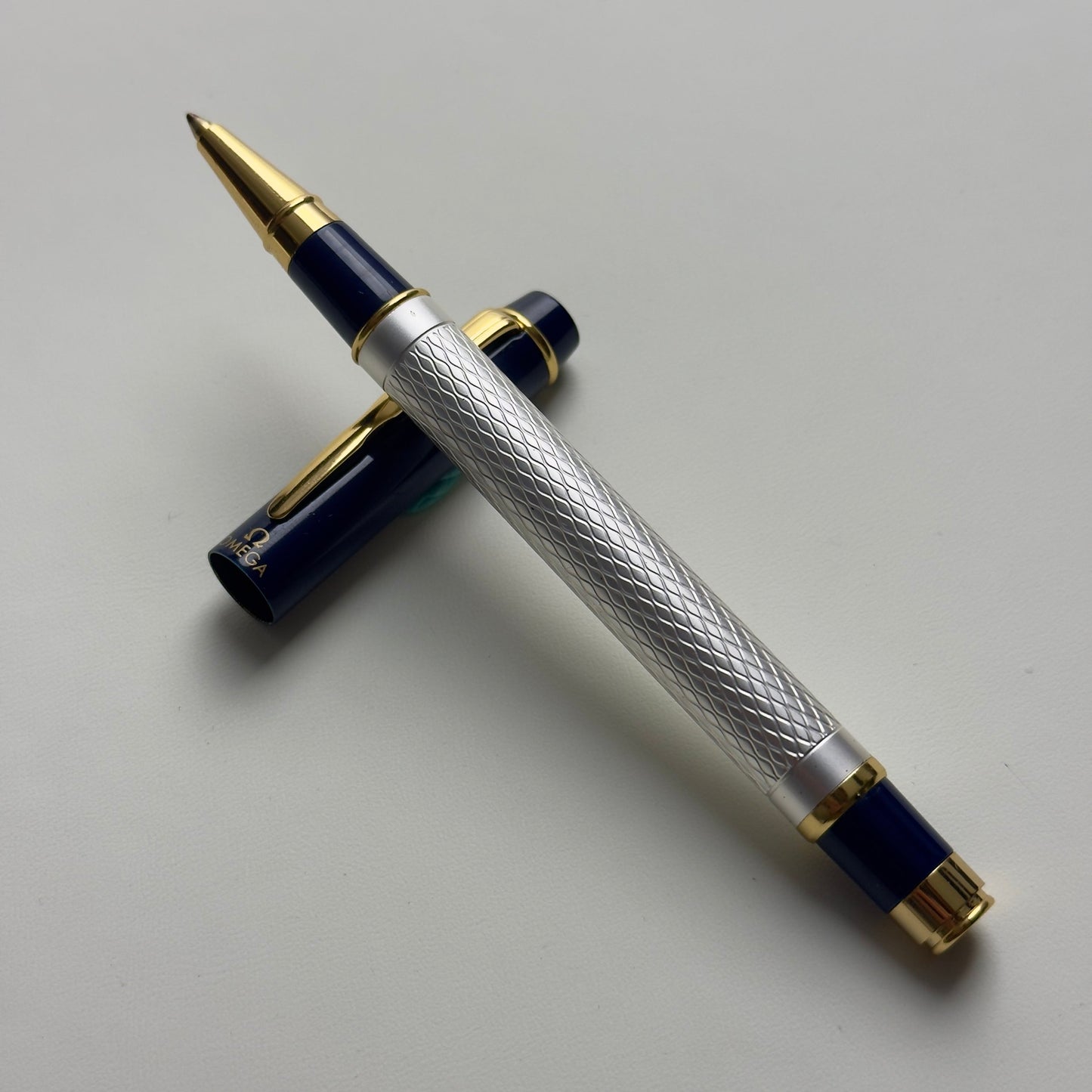 Omega Vintage Ballpoint Pen Set In Silver & Navy With Gold Accents | Luxury Writing Instruments