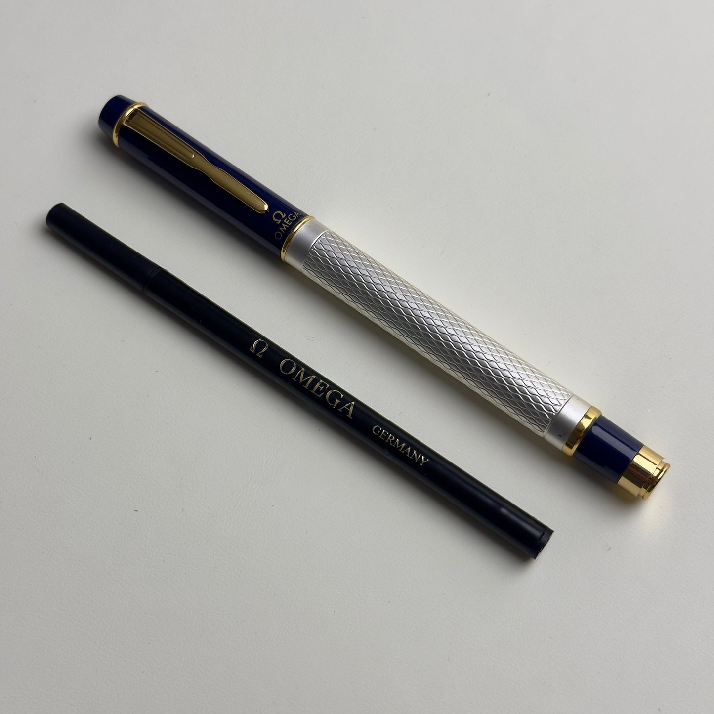 Omega Vintage Ballpoint Pen Set In Silver & Navy With Gold Accents | Luxury Writing Instruments