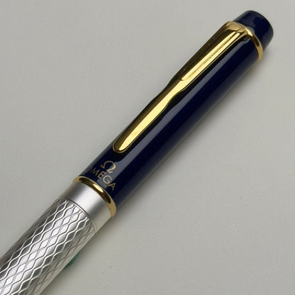 Omega Vintage Ballpoint Pen Set In Silver & Navy With Gold Accents | Luxury Writing Instruments