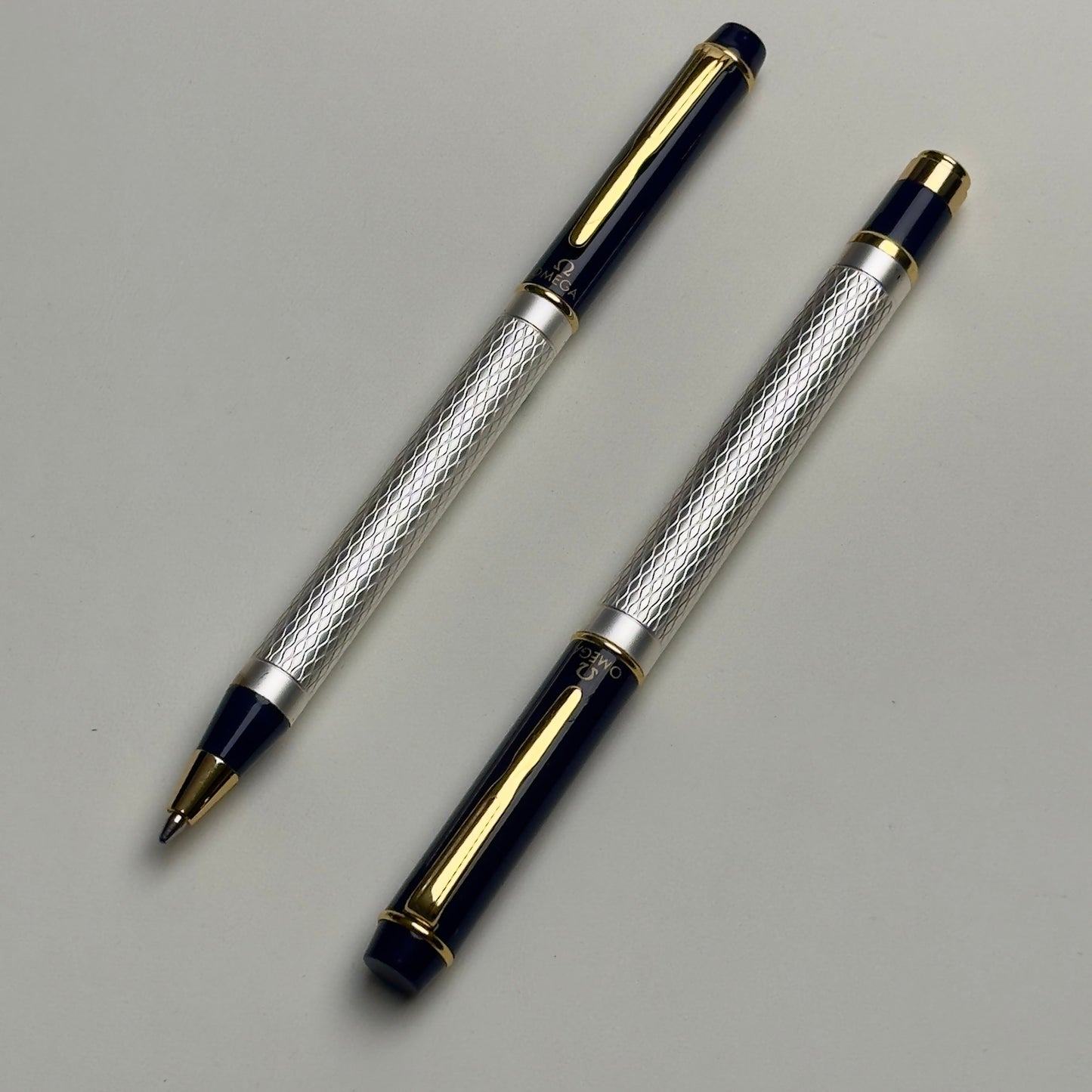 Omega Vintage Ballpoint Pen Set In Silver & Navy With Gold Accents | Luxury Writing Instruments